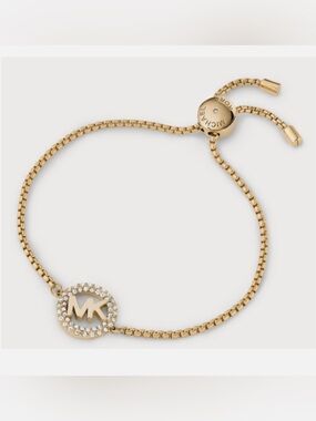 Michael Kors Gold-Tone Crystal MK Logo Adjustable Bracelet